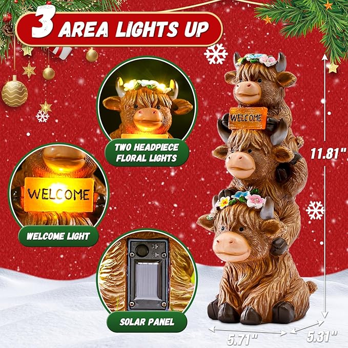 Christmas Highland Cow Statue Solar Outdoor Decor with Flower Decoration Garden Highland Cow Decor Birthday Gifts for Women Mom Winter Highland Cows Figurine for Yard Garden Lawn Decor