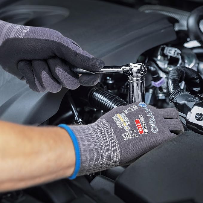 KAYGO Safety Work Gloves MicroFoam Nitrile Coated-3 Pairs, KG18NB,Seamless Knit Nylon Glove with Black Micro-Foam Nitrile Grip,Ideal for General Purpose,Automotive,Home Improvement,Red X-large