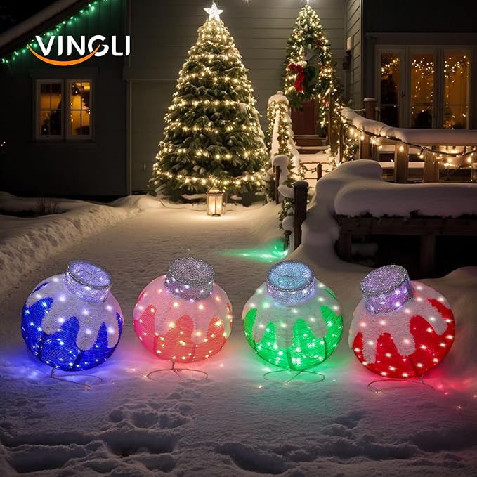 VINGLI 4 Packs Pop Up Ornaments Collapsible Christmas Decorations with 320 LED Lights, 18in Pre Lit Christmas Ball Holiday Decor for Indoor Outdoor Lawn Garden Patio, 4 Packs