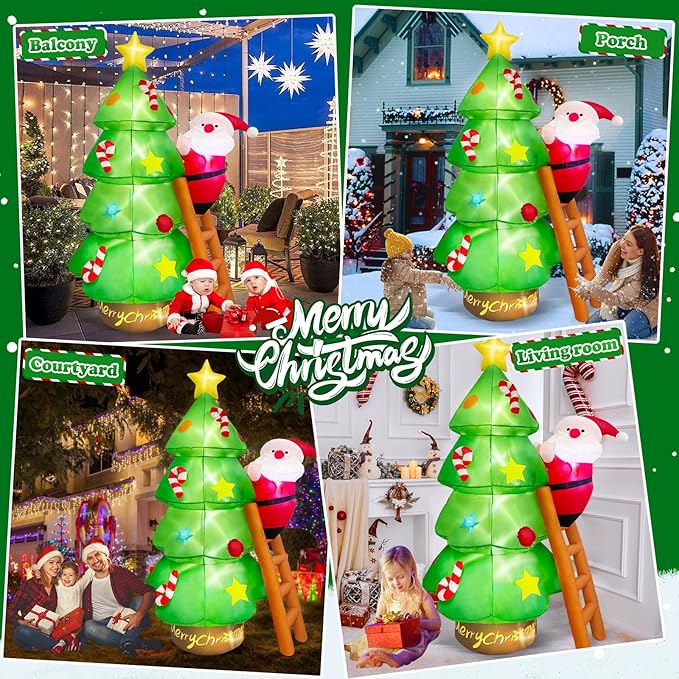 7 FT Tall Large Christmas Inflatables Santa Claus Tree Outdoor Decorations, Build-in LEDs Funny Xmas Blow Ups Yard Decoration for Winter Holiday Outside Garden Lawn Patio Indoor Party Inflated Decor