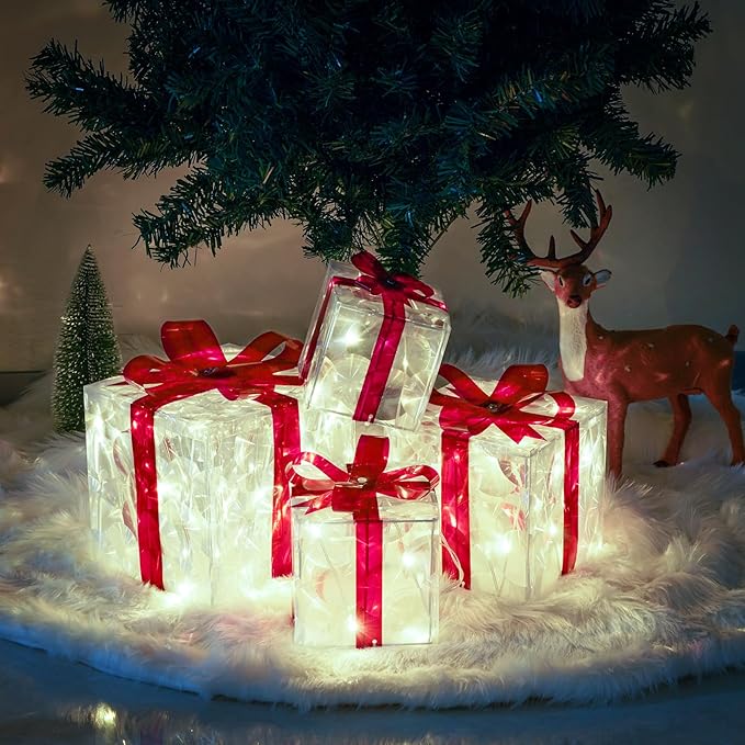 Christmas Lighted Gift Boxes, Pre-lit Lights Gift Boxes Set of 4, Light up Present Boxes Set Battery Operated with Different Sizes for Holiday Indoor Outdoor Decorations(Cool White)