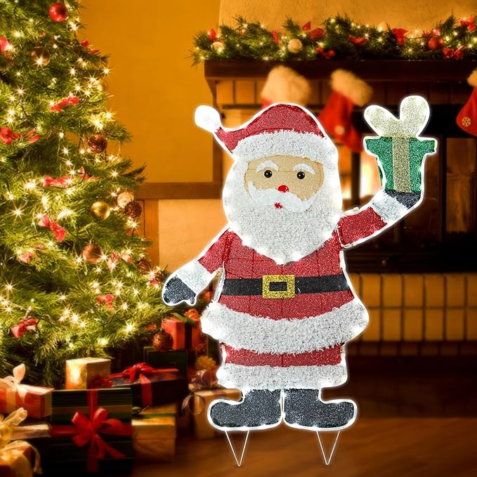 Christmas Santa Lighted Decoration Christmas Lighted Santa Clause with Gift Box Pre-Lit 102 LED Lights Decoration for Xmas Home Pathway Lawn Party Display