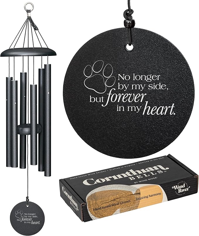 Corinthian Bells 27" Pet Memorial Wind Chime – Black – Engraved “Forever in My Heart” Pawprint – Soothing Outdoor Chime for Dog or Cat Loss, Sympathy & Remembrance Gift