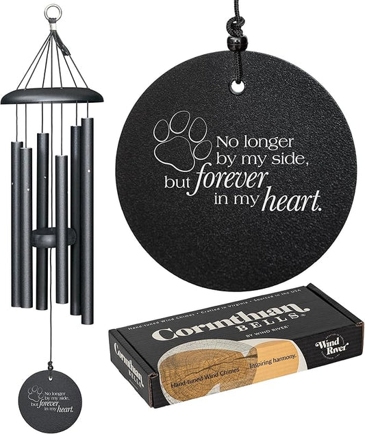 Corinthian Bells 27" Pet Memorial Wind Chime – Black – Engraved “Forever in My Heart” Pawprint – Soothing Outdoor Chime for Dog or Cat Loss, Sympathy & Remembrance Gift