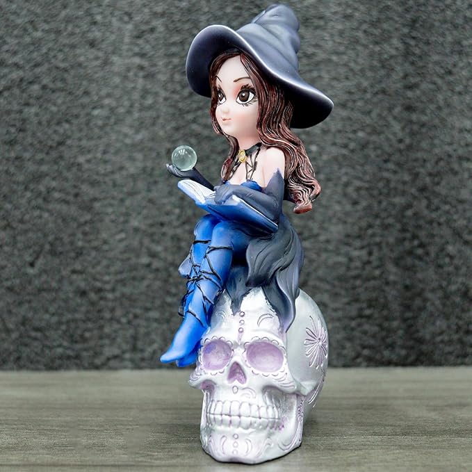 Fairy Figurine Set, Piece Decorative Collectible Statues Blue Witch Statue on Skull - Gothic Home Decor, Halloween Resin Sculpture Mystical Witch Figure with Black Hat & Detailing
