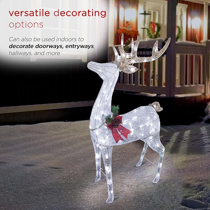 Alpine Corporation 50" H Mesh Holiday Reindeer Lawn Decoration with Cool White Lights, Christmas Decoration