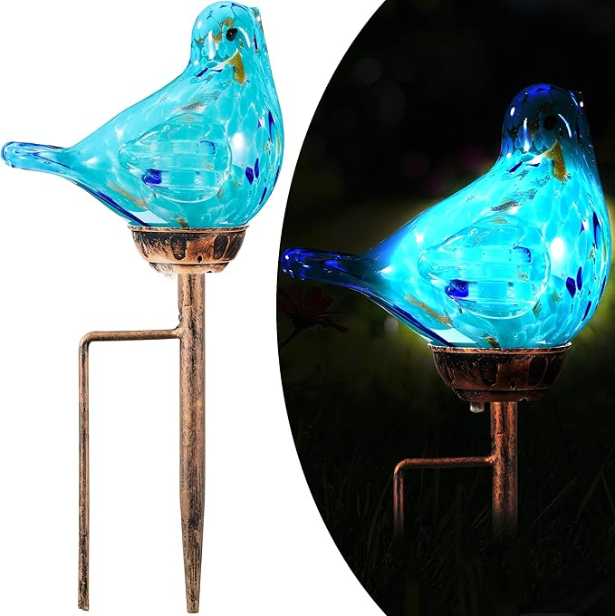 Solar Bird Garden Stake Lights - Hand Blown Glass Decorative Garden Pathway Lights Outdoor Waterproof Bird Glass Stakes (Light Blue)
