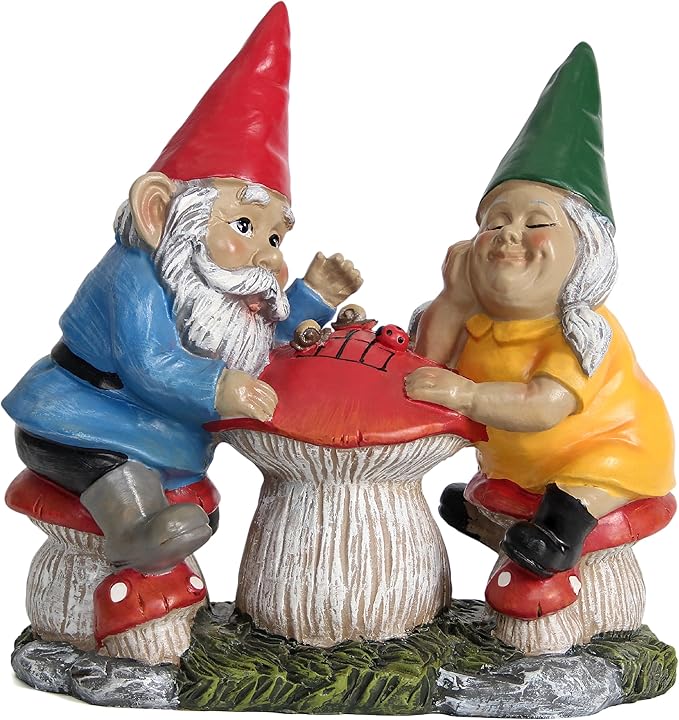 Garden Gnome Statue for Outdoor Decoration, Couple Gnome Figurine on Mushroom for Outside, Garden Mr and Mrs Gnome Playing Chess Sculptures for Yard Lawn Patio Decor, Love Gifts for Women
