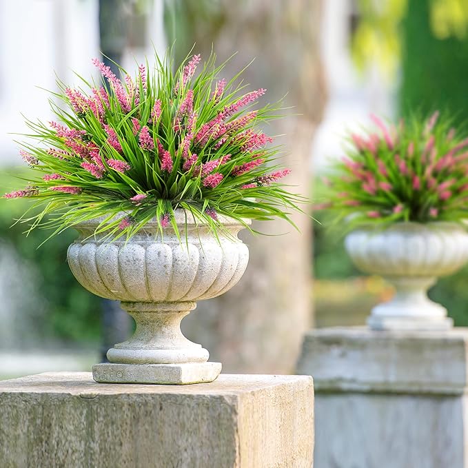 Sggvecsy 12 Bundles Artificial Plants Outdoor Faux Lavender Flowers Fake Monkey Grass UV Resistant Plastic Greenery Plants for Garden Home Porch Window Patio Hanging Planter Indoor Decor(Pink)