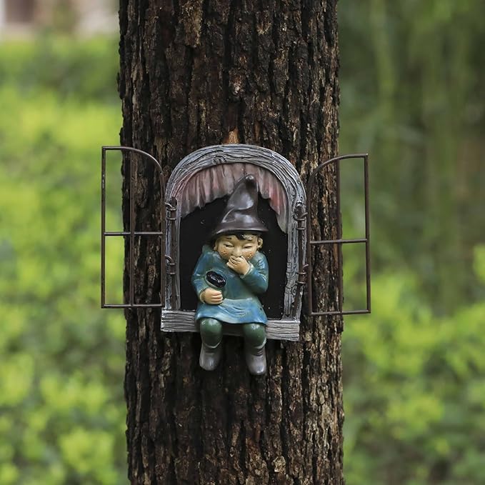 Tree Gnome Statue Open Door Fairy Wall Decoration -Resin Tree Window Figure Decor for Outdoor Patio Lawn Porch (Brown)
