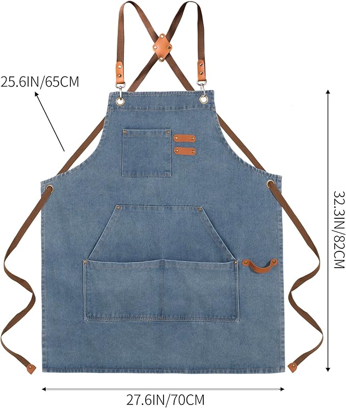 Denim Bbq Apron for Men Women with Pockets Adjustable Cross Back Chef Aprons for Kitchen Cooking Grilling Working
