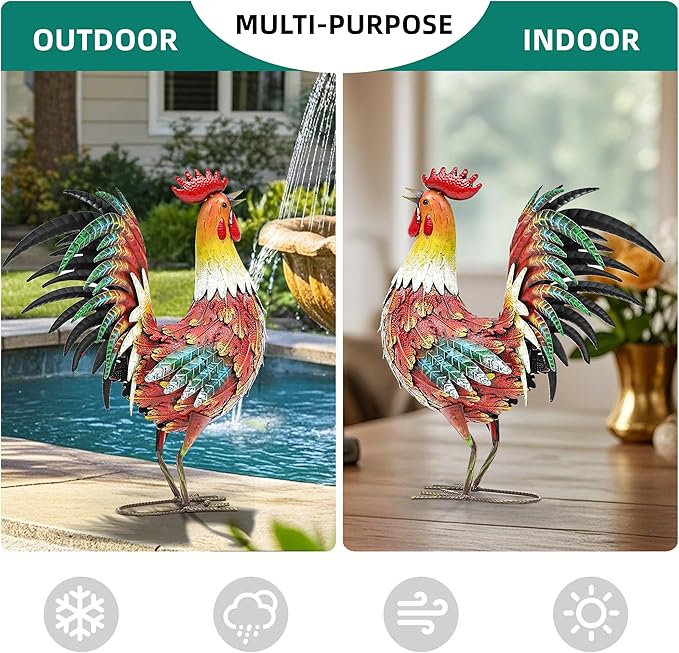 21" Metal Rooster Yard Decor, Outdoor Garden Statues, Metal Chicken Sculpture for Backyard Patio Kitchen Decor