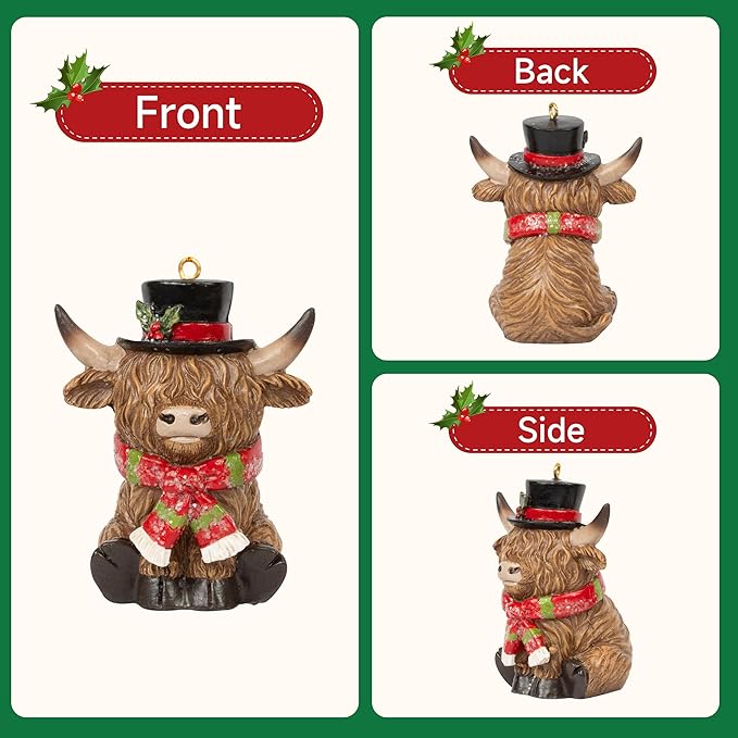 Christmas Highland Cow Figurines Decor, 3 PCS Small Christmas Cows with Scarf, Hanging Ornaments Xmas Resin Statue for Garden Bathroom Kitchen Home Table Decorations