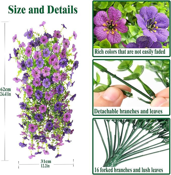 Artificial Faux Hanging Flowers Plants for Outdoor Decor 2 PCS Outside Fake Mums Violets with Eucalyptus UV Resistant Realistic Daisy Trailing Vines for Yard Balcony Porch Decor (Double Purple)