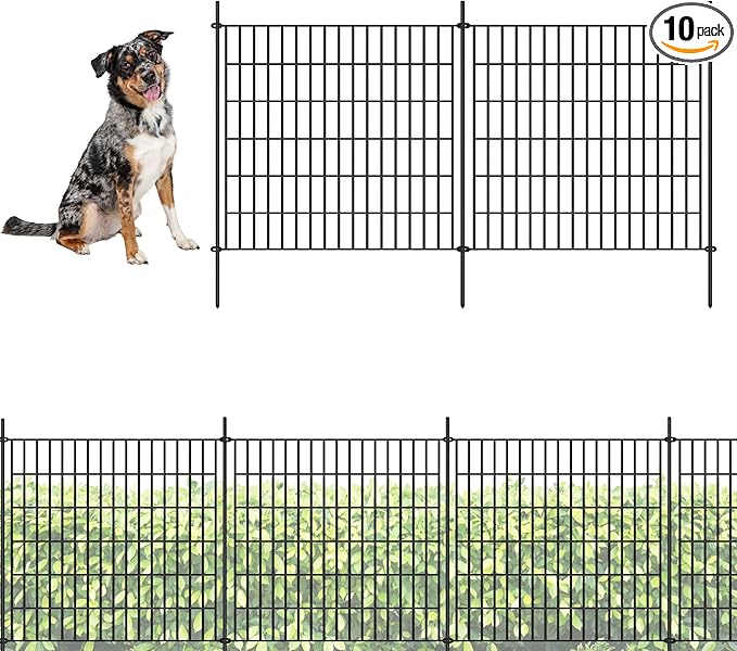 ShopLaLa Decorative Garden Fence (10 Panels) 28in(L) x 32in(H) Animal Barrier Fencing Rustproof Black Metal Wire Flower Edging for Yard Landscape, Small Dog Border No Dig Patio Outdoor Decor D-YC32