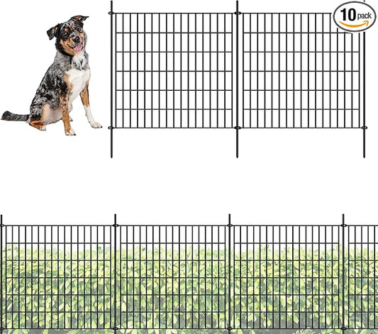 ShopLaLa Decorative Garden Fence (10 Panels) 28in(L) x 32in(H) Animal Barrier Fencing Rustproof Black Metal Wire Flower Edging for Yard Landscape, Small Dog Border No Dig Patio Outdoor Decor D-YC32