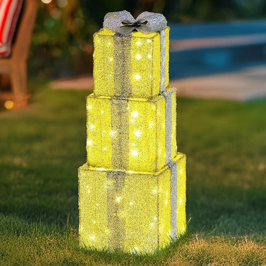 SUNJOY Large Christmas Decoration 2.8 FT Inch Illuminated Stacking Gift Box, 3D Tinsel Santa Stacking Gift Box Outdoor Garden Yard Lawn Festive Holiday Decoration with Lights for Indoor & Outdoor