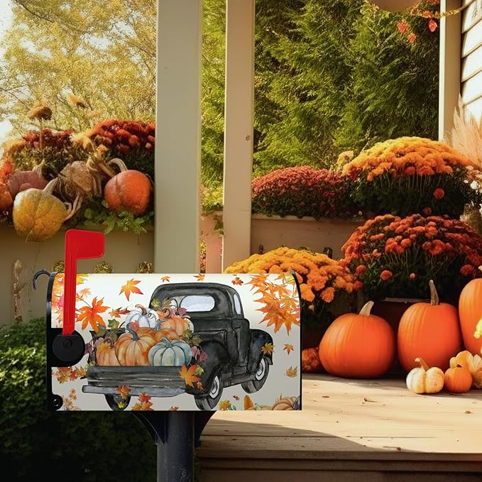 Fall Harvest Mailbox Covers Magnetic Large Size Thansgiving Pumpkin Mailbox Post Cover Maple Leaves Truck Waterproof Mailbox Wraps Mail Cover for Garden Yard Oversized 25.5 X 21 Inch