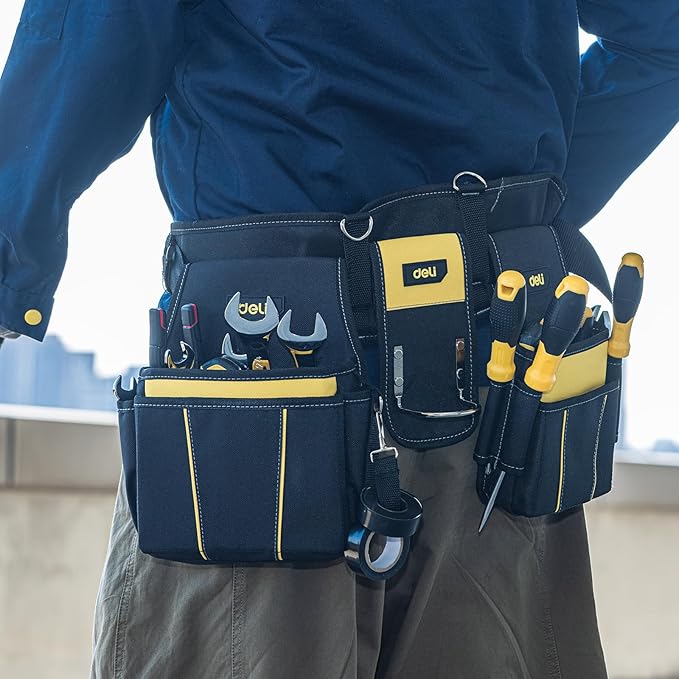 DELI 22 Pocket Black and Yellow Heavy Duty Tool Belt for Man, Construction Tool Belt, Work Apron, Tool Pouch, with Poly Web Belt Quick Release Buckle Adjustable Max Up to 50"