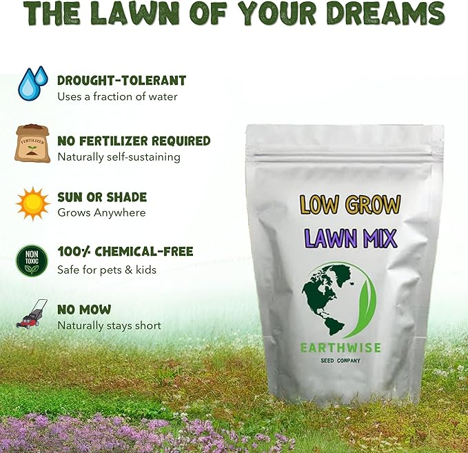 Earthwise Low Grow Alternative Lawn Mix - No Mow - 1lb - Covers 400sq. ft. (Bare) / 1000sq. ft. (overseed)
