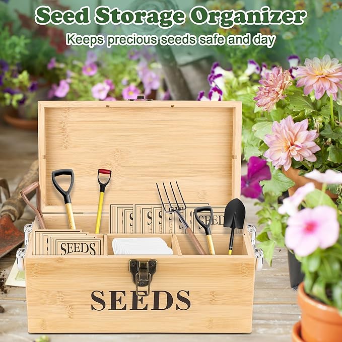Coolrunner Wood Seed Saving Box, Seed Storage Organizer Case, Seed Packet Storage Organizer with Lock and 3 Handles, 30P Plant Labels, 30P Seeding Envelopes Bag