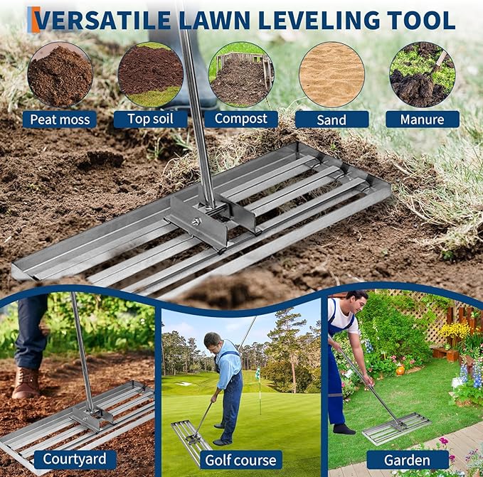 Lawn Leveling Rake, Stainless Steel Lawn Leveler Tool with 30"x10" Large Ground Plate and 6 Ft Adjustable Handle, Yard Leveling Rakes for Backyard, Garden, Golf Course