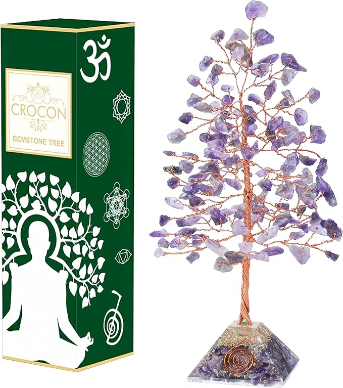 Amethyst Crystal Tree with Orgone Pyramid Base Desk Decor Healing Crystals Bonsai Tree Purple Gifts for Women Office & Shelf Home Room Decor for Mom Sister Girlfriend Present Housewarming
