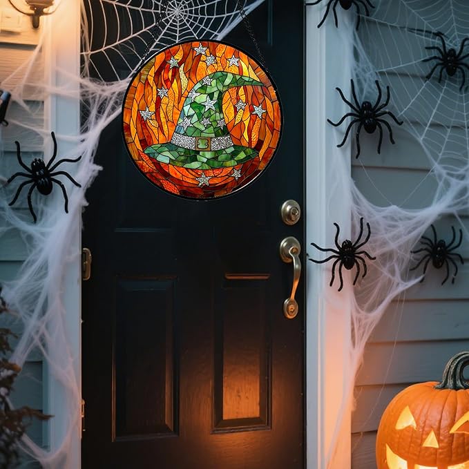 Stained Glass Window Hanging - Halloween Decorations Witch Hat Suncatcher for Doors Garden Indoor Spooky Funny Green Sun Catchers Gothic Decor Horror Gifts for Women Men Friend 6.3 in