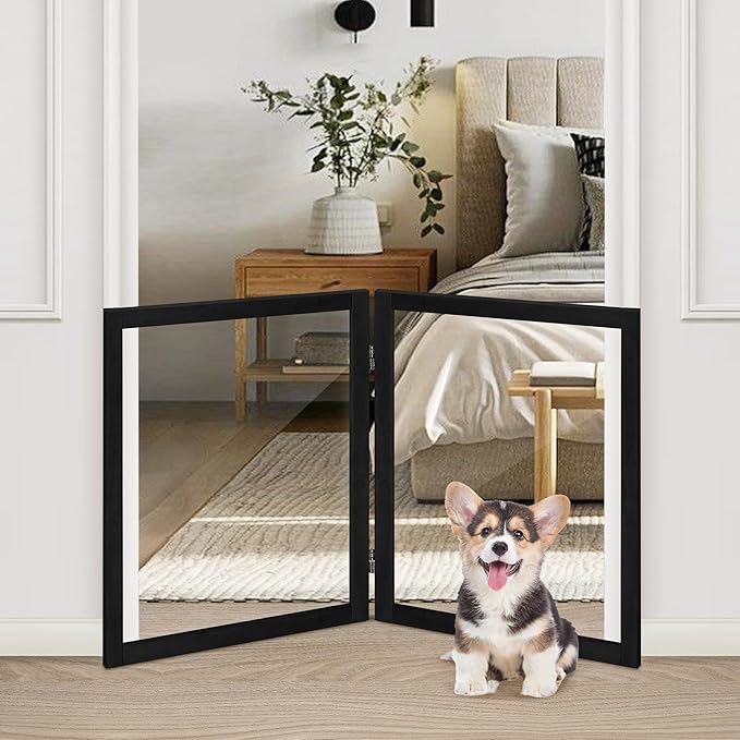 LZRS Clear Dog Gate for Indoor Use - Transparent Pet Fence with Solid Hardwood and Plastic Board, Stylish & Durable freestanding Pet Gate for Doorways, Stairs and Hallways-2 Panel Black