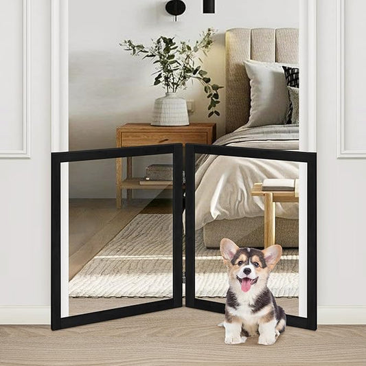 LZRS Clear Dog Gate for Indoor Use - Transparent Pet Fence with Solid Hardwood and Plastic Board, Stylish & Durable freestanding Pet Gate for Doorways, Stairs and Hallways-2 Panel Black
