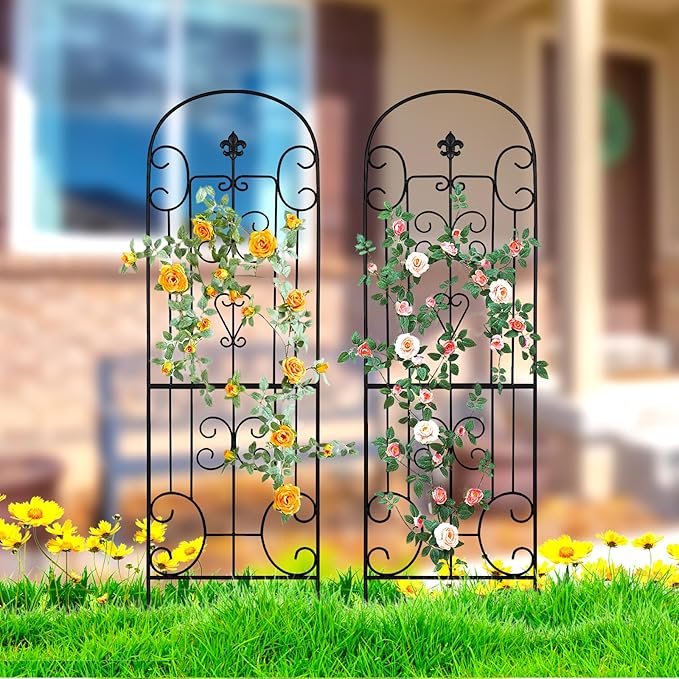 Black Metal Garden Trellis - 70"X18" Decorative Flower Trellis with Powder Coating for Climbing Plants, Rose, Vegetable Support (4, Pattern-C)