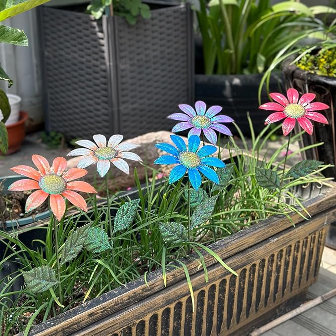 5Pcs Outdoor Metal Flowers for Outside - Decorative Garden Stakes with Sunflower Design, Spring Yard Art Decor for Lawn Porch Patio Fence | Metal Garden Decor Stakes.