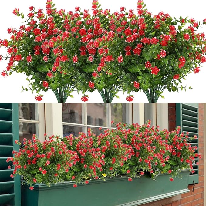 8 Bundles Artificial Flowers, Fake Artificial Greenery UV Resistant No Fade Faux Plastic Plants for Wedding Bridle Bouquet Indoor Outdoor Home Garden Kitchen Office Table Vase (Red)