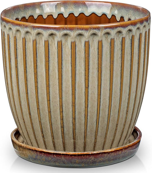 Oairse Ceramic Pots for Indoor Plants, 7.8 inch Pots for Plants Brown Planters with Drainage Holes and Saucers Texture Ceramic Planters Indoor Outdoor for Succulent