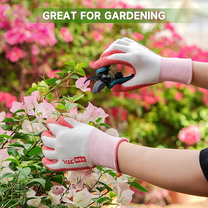 JDL Gardening Gloves for Women, 2 Pairs Breathable Latex Coated Yard Garden Gloves, Rubber Outdoor Protective Work Gloves with Grip, Pink, Large Size