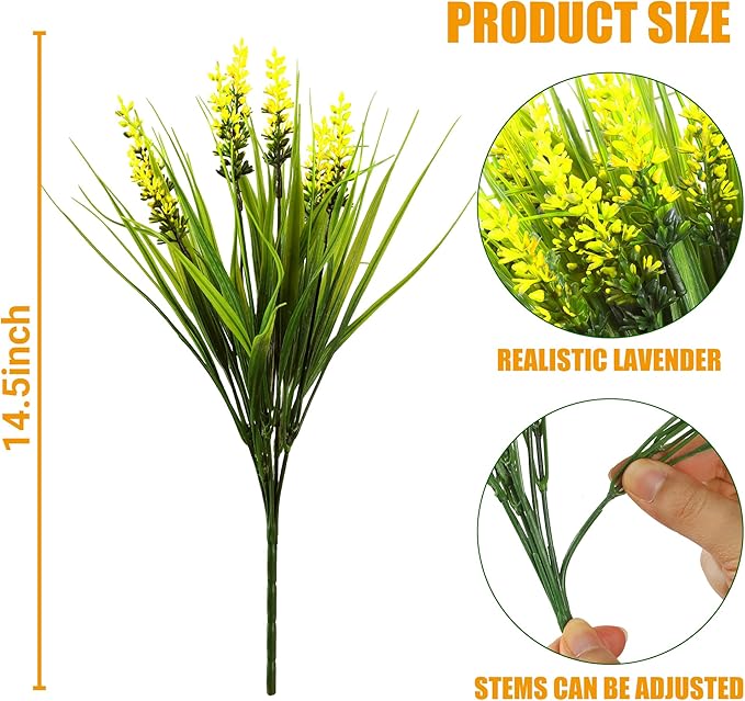 Sggvecsy 24 Bundles Artificial Plants Outdoor Faux Lavender Flowers Fake Monkey Grass UV Resistant Plastic Greenery Plants for Garden Home Porch Window Patio Hanging Planter Indoor Decor (Yellow)
