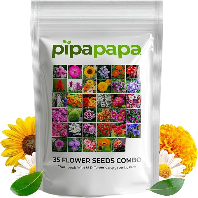 1700 + Mixed Combo Flower Seed Varieties for Your Home Garden, 35 Varieties Including Petunia, Zinnia, Sunflower Seeds and More, Attracts Pollinators, Non- GMO and Heirloom Seeds