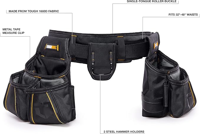 ToughBuilt - Carpenter Tool Belt with Pockets and 2 Hammer Holders - Heavy Duty, Deluxe Premium Quality, Durable - Adjustable Size - TB-303-4