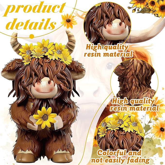 2 Pcs Highland Cow Figurines Decor Cow Gnomes with Sunflower Resin Statue Calf Lovers Gifts for Farmhouse Home Garden Bathroom Kitchen Office Tiered Tray Table Decor
