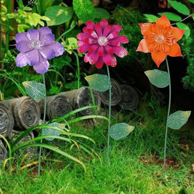 Floral Garden Stake Glow in Dark Plant Pick Water Proof Metal Flower Stick for Outdoor Garden Decor, Set of 3