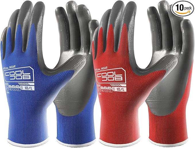 COOLJOB 10 Pairs Nitrile Dipped Safety Work Gloves with Grip, Non-slip Rubber Coated Bulk Garden Gloves for Men, Heavy-duty Oil Resistant for Truck Driver, Warehouse Box Handler, Small, Red Blue