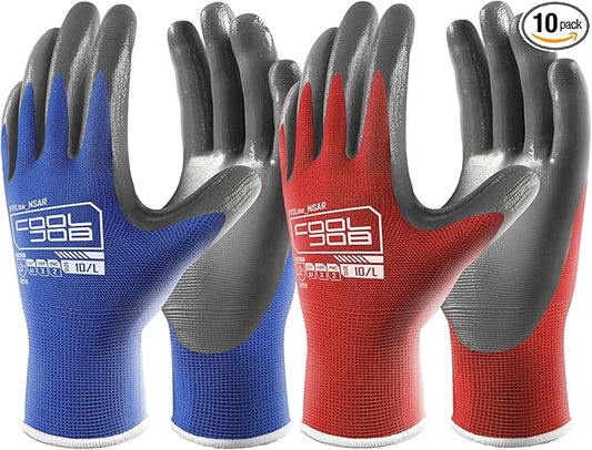 COOLJOB 10 Pairs Nitrile Dipped Safety Work Gloves with Grip, Non-slip Rubber Coated Bulk Garden Gloves for Men, Heavy-duty Oil Resistant for Truck Driver, Warehouse Box Handler, Xlarge, Red Blue