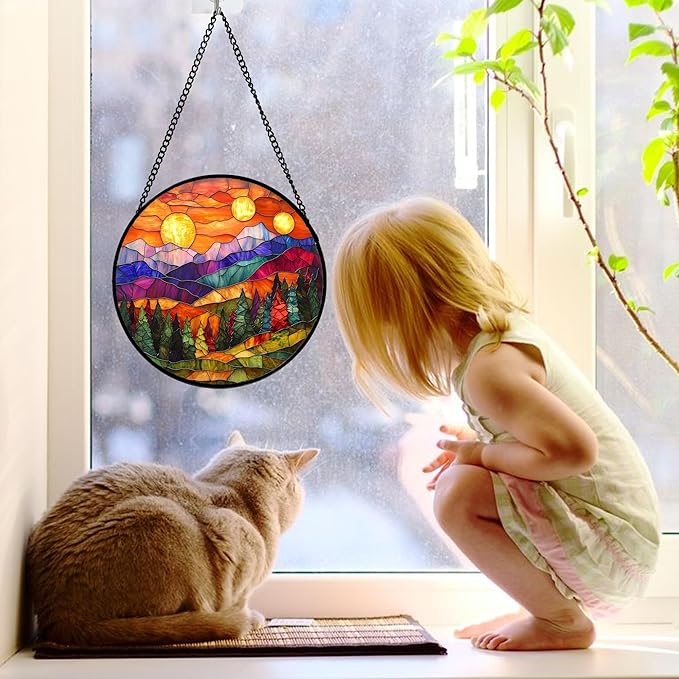 Stained Glass Window Hanging, Sunset Abstract Sun Catchers Colorful Glass Panel Landscape Suncatcher Decor for Birthday for Women, Men, Wife, Aunt, and Mom 7.8 in