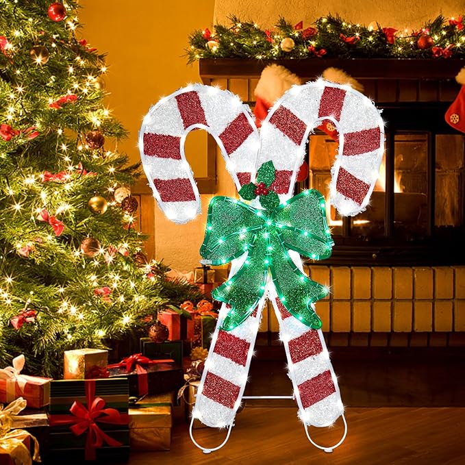 Christmas Candy Cane Lighted Decoration Christmas Lighted Crossed Candy Canes with Holly Berries Pre-Lit Decoration for Xmas Home Pathway Lawn Party Display