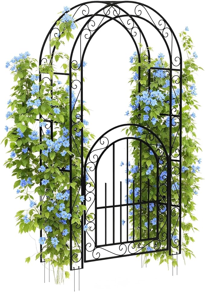 84" Garden Arch Arbor with Gate, Metal Arch Trellis, Garden Archway for Climbing Vines, Wedding Ceremony Decoration, Flourishes & Arrow Tips, Black