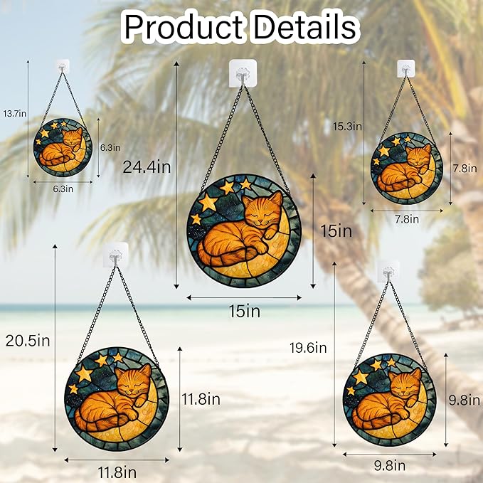 Stained Glass Window Hanging - Orange Cat Sun Catcher for Door Home Decor Stars and Moon Suncatcher Christmas Mother's Day Birthday Loss of a Pet Gifts for Women Men Mom Nana 7.8 in