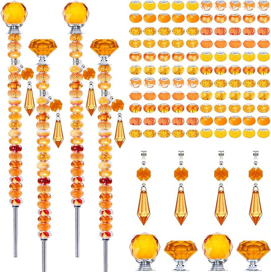 Exway 100 PCS DIY Fairy Wand Beaded Garden Stake Beads Kits with Orange Large Hole Beads 4 Crystal Stopper Top Threaded Rods and 4 Orange Sparkling Crystal Pendants for Outdoor Indoor Decor