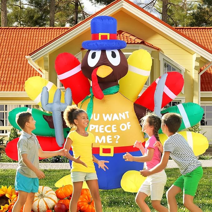 Thanksgiving Inflatable Turkey Decorations -5FT LED Light Up Pilgrim Hat & Colorful Tail -Holding Knife and Fork Turkey Blow up Yard Decor Outdoor Indoor Lawn Garden Home Autumn Holiday Harvest