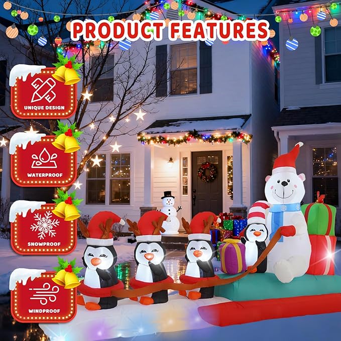 10FT Penguin Pulling a Polar Bear On a Sleigh Christmas Outdoor Inflatable Decoration, Built-in LED Lights and Flashing Lights, Suitable for Christmas Lawns, Gardens, and Courtyards
