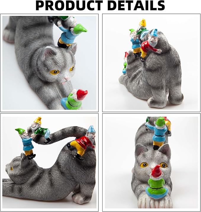 Adorable Cat with Gnomes Garden Statue, Hand-Painted Resin Outdoor Decor for Patio & Lawn, Unique Gift for Cat Lovers & Mothers, Weatherproof Yard Ornament